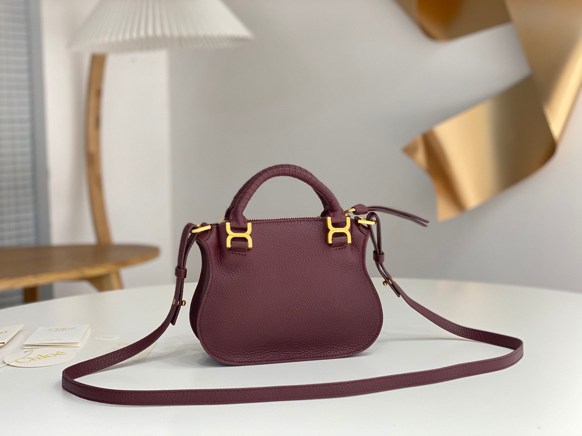 Chloe Mini Marcie Bag In Bordeaux Grained Leather